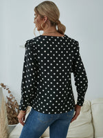 Polka Dot Print Frill Trim Crew Neck Blouse