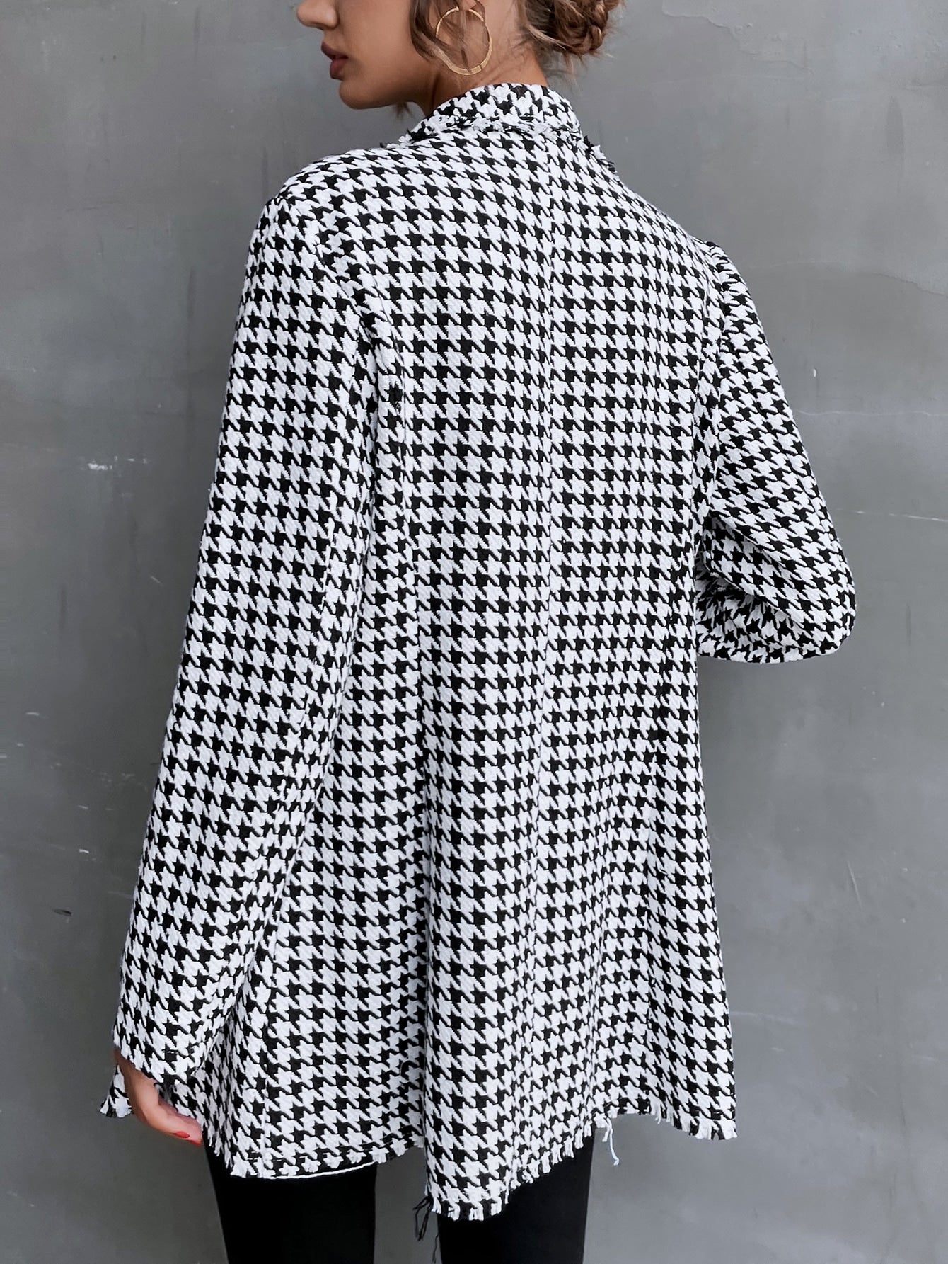Houndstooth Double Breasted Shawl Collar Raw Trim Tweed Overcoat
