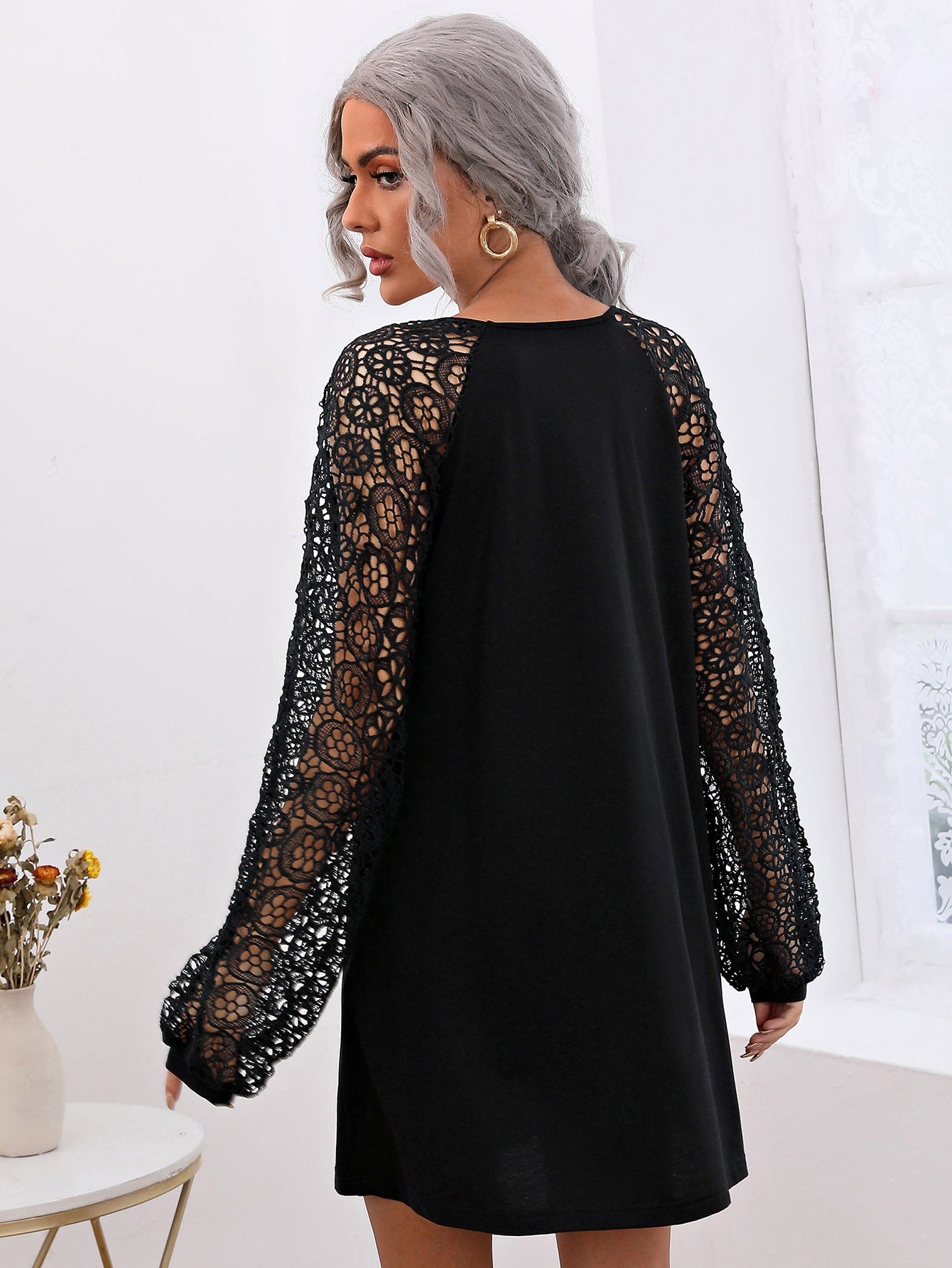 Guipure Lace Insert Lantern Sleeve Dress