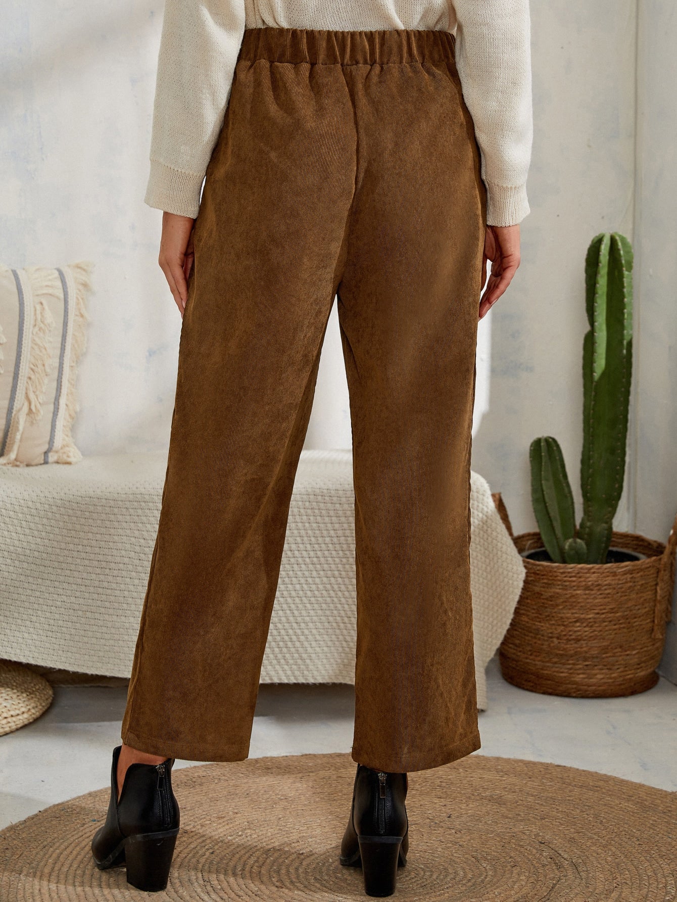 High Waist Button Detail Corduroy Pants