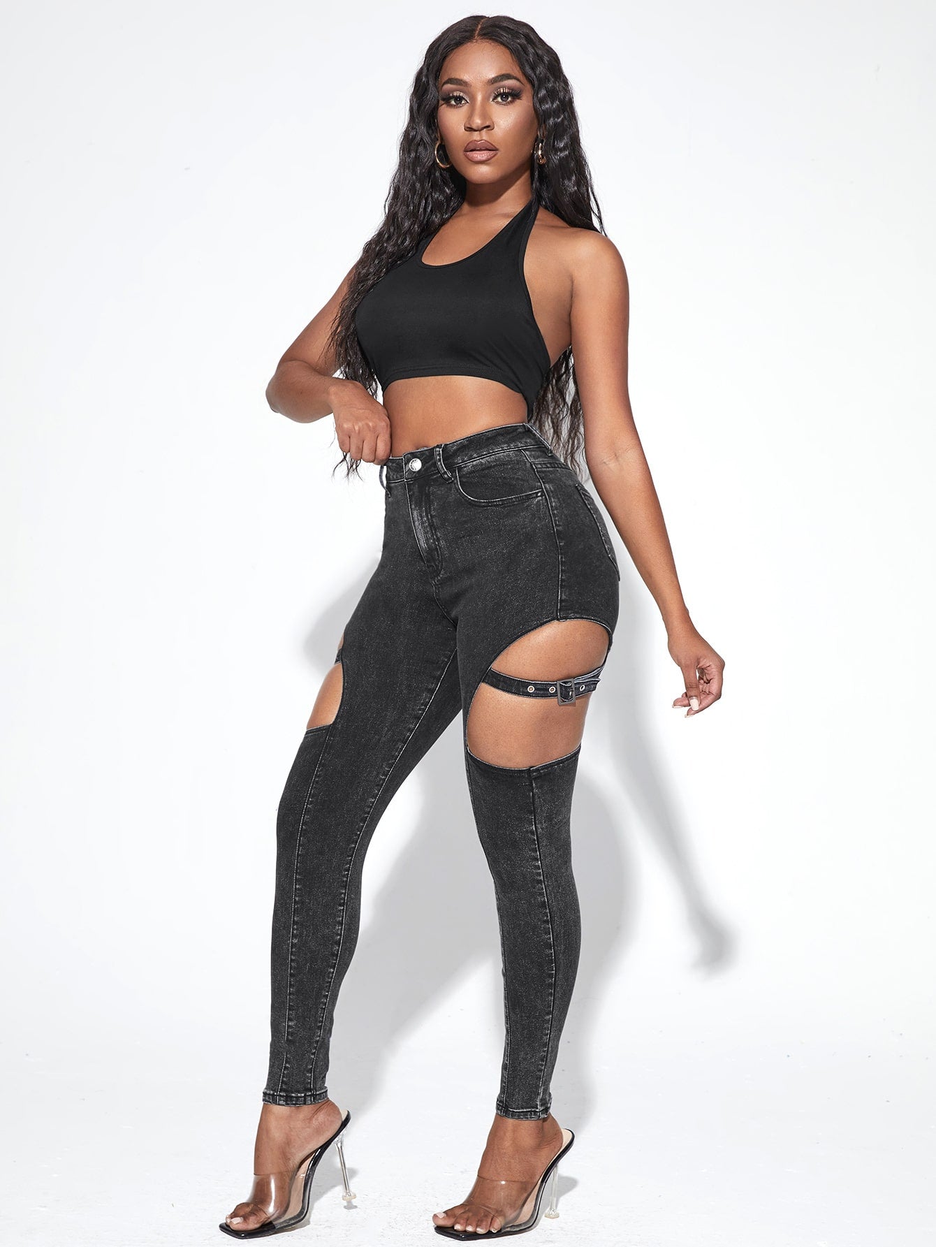 Cut Out Grommet Eyelet Skinny Jeans