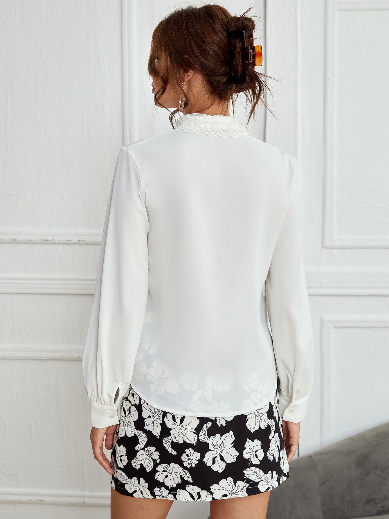 Lace Detail Mock Neck Bishop Sleeve Blouse