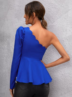 One Shoulder Scallop Trim Gigot Sleeve Peplum Top