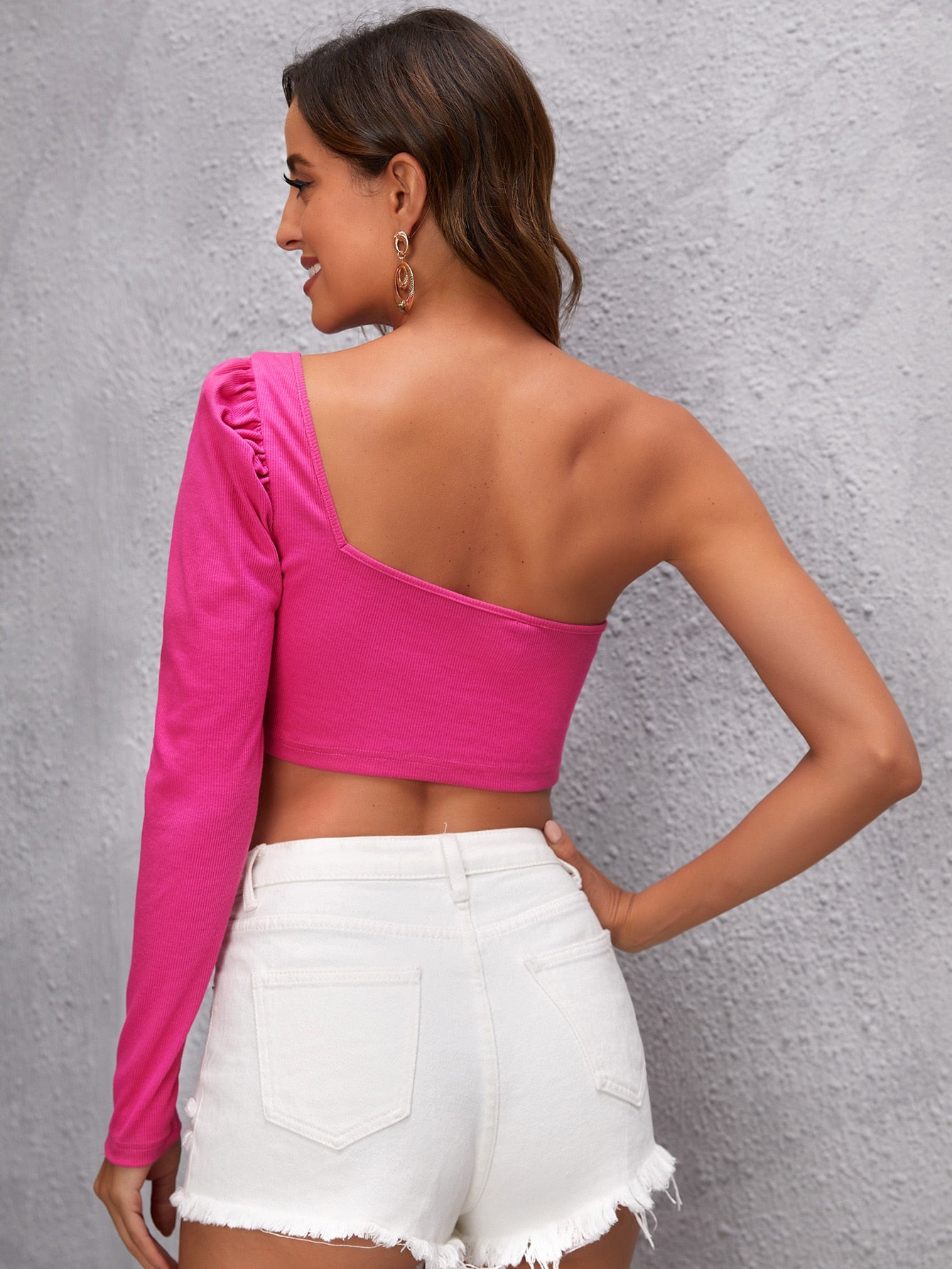 One Shoulder Ruched Front Puff Sleeve Crop Top
