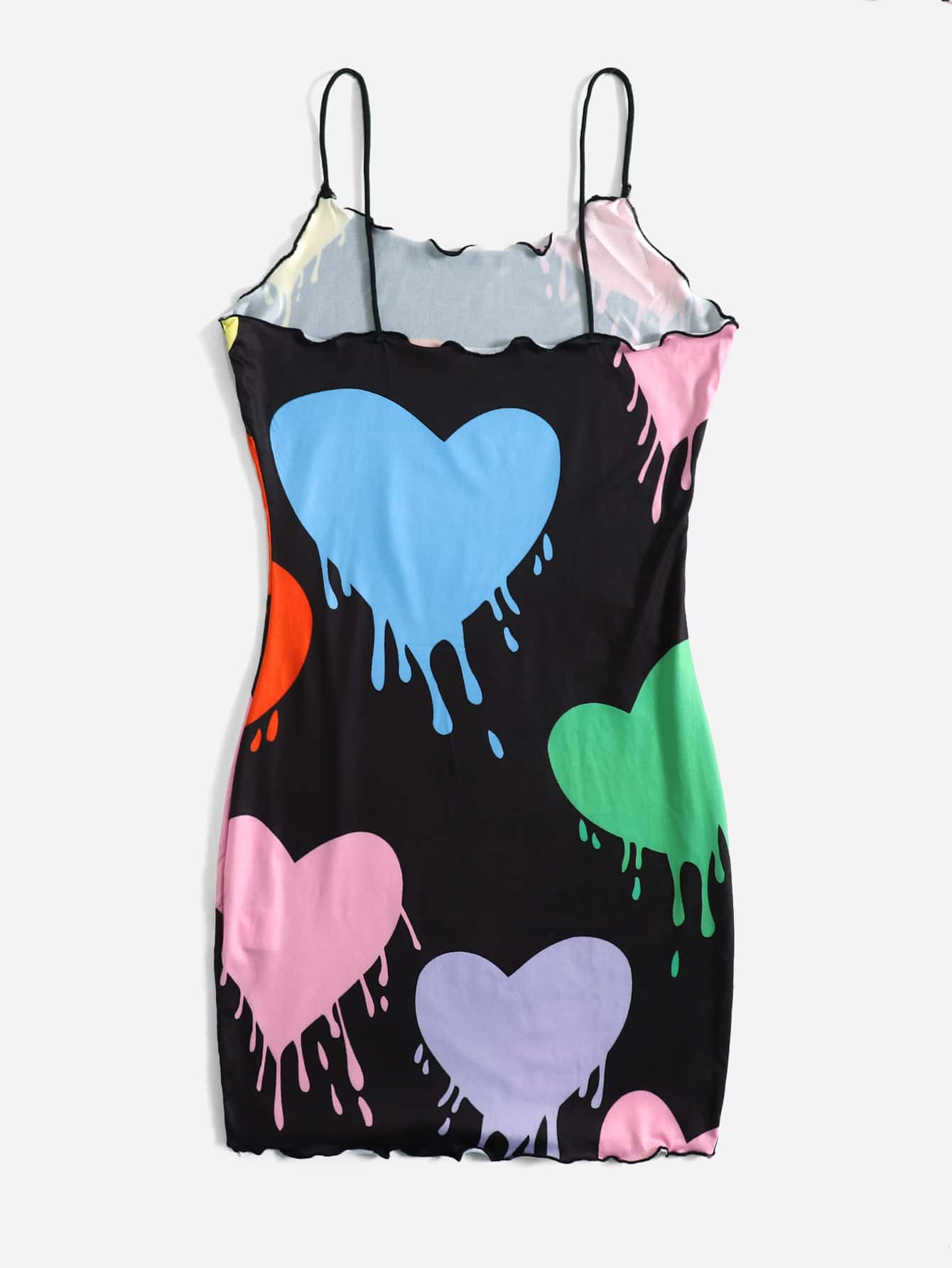 Heart Draped Print Lettuce Trim Dress