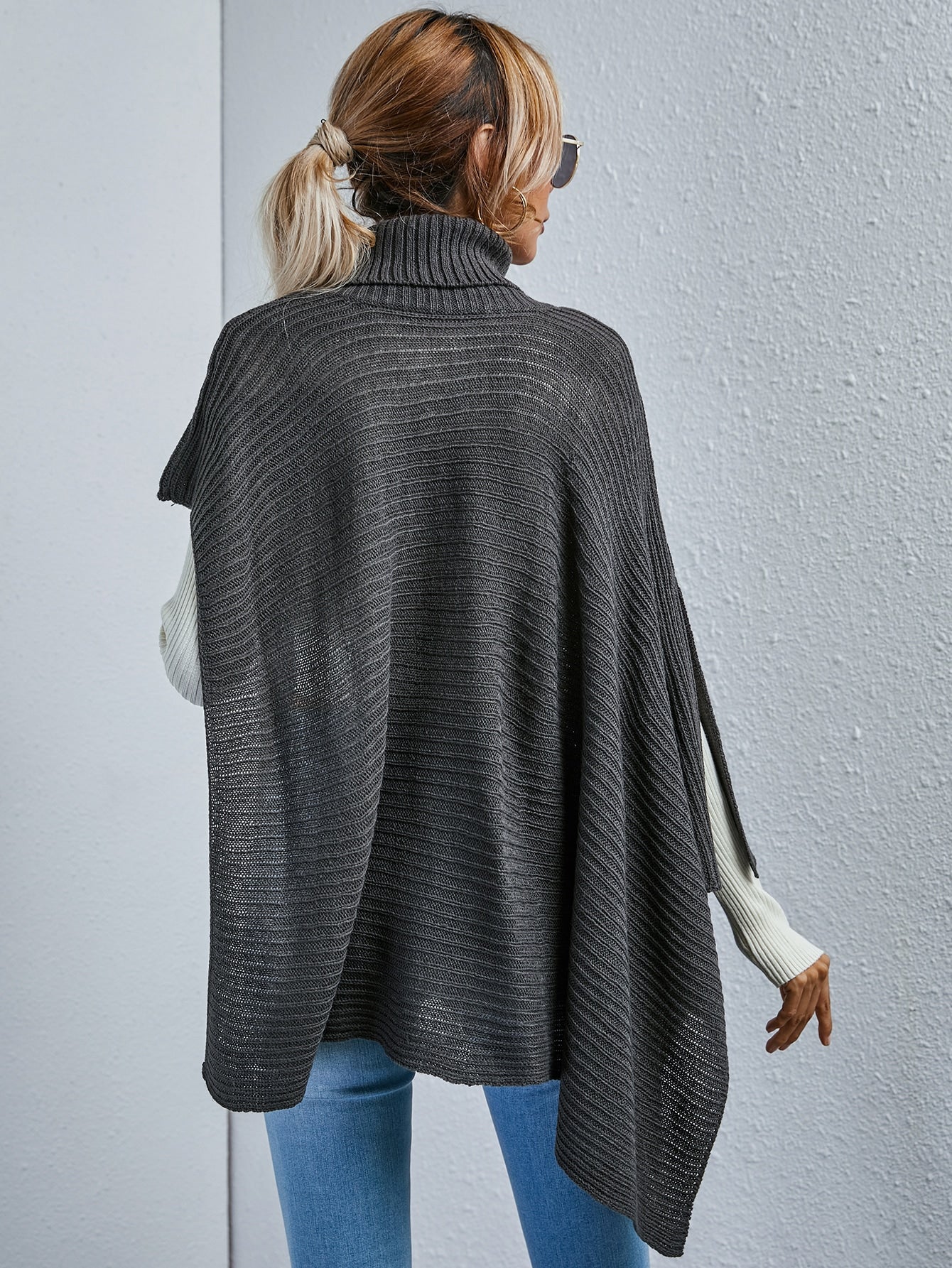 Turtleneck Rib-knit Poncho Sweater