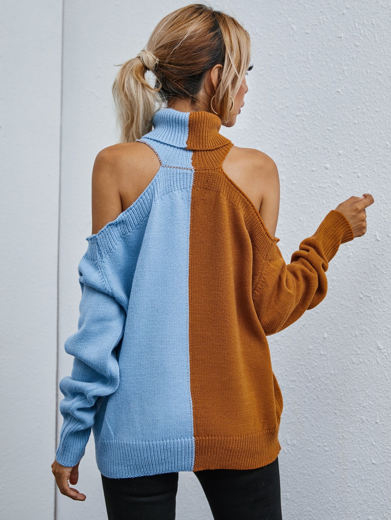 Two Tone High Neck Cold Shoulder Sweater