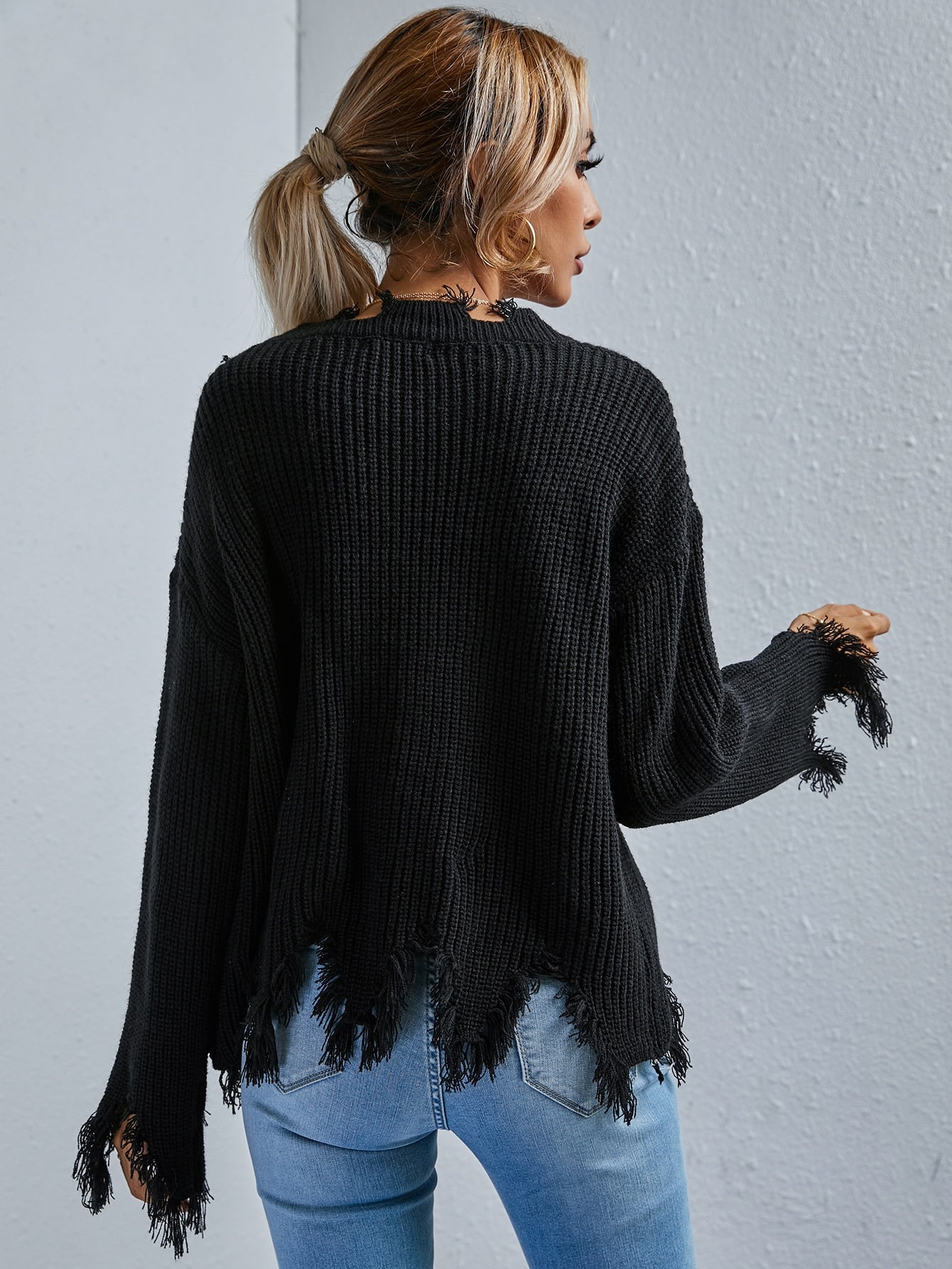 Drop Shoulder Distressed Hem Sweater