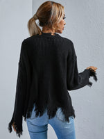 Drop Shoulder Distressed Hem Sweater