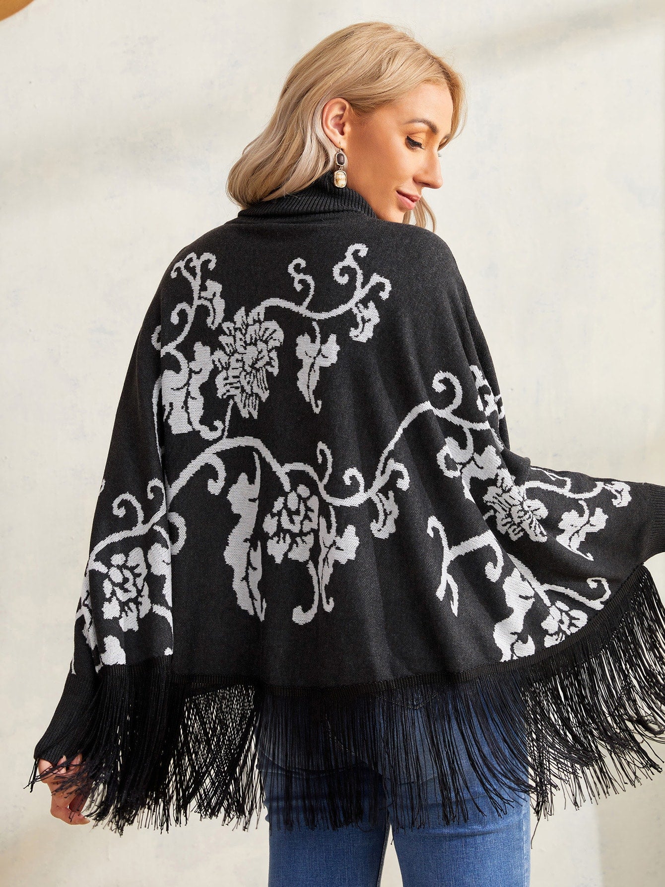 Floral Pattern High Neck Fringe Hem Sweater Poncho