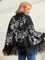 Floral Pattern High Neck Fringe Hem Sweater Poncho
