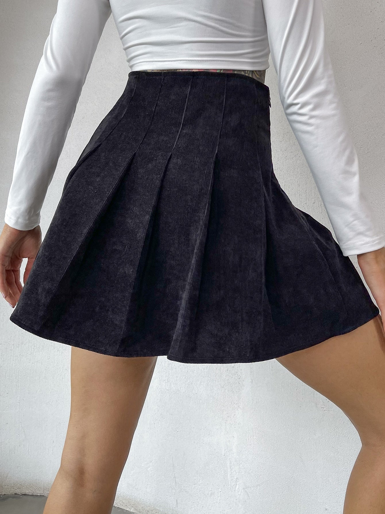High Waist Fold Pleated Corduroy Skirt