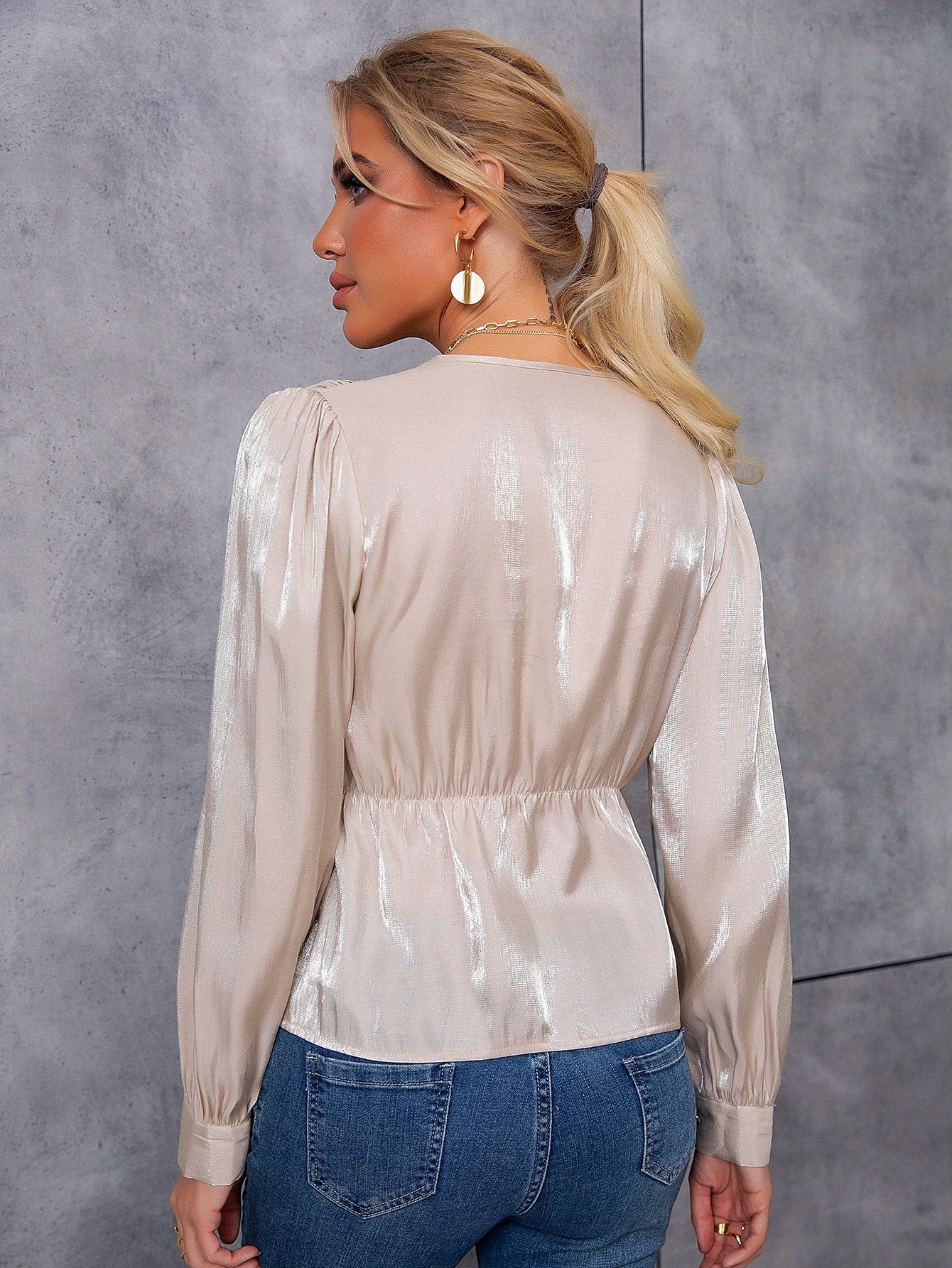 Solid Ruched Button Front Peplum Blouse