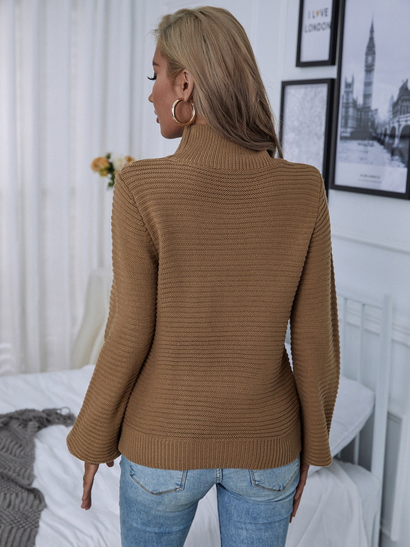 Solid Mock Neck Lantern Sleeve Sweater