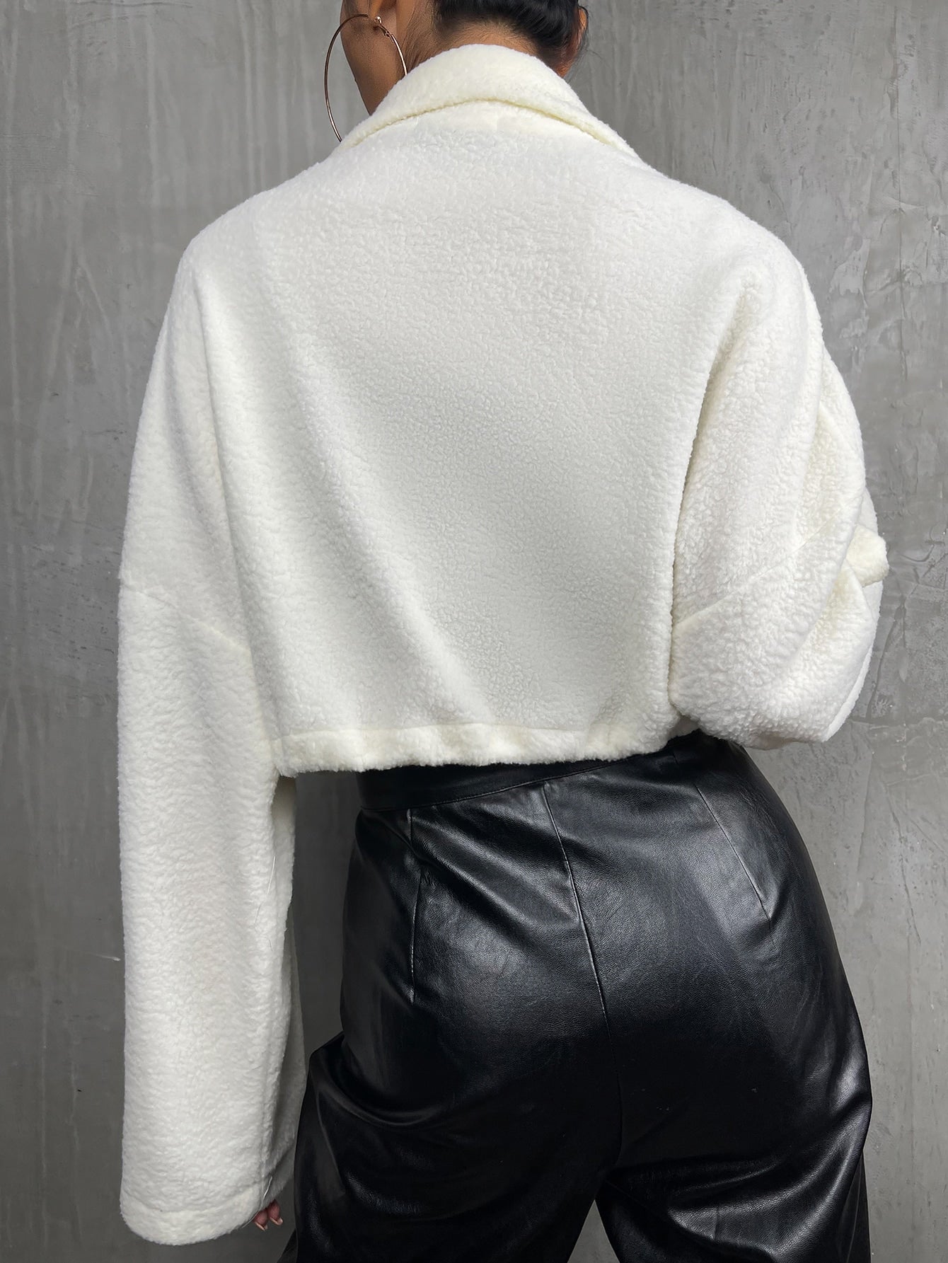 Drop Shoulder Zip Up Drawstring Crop Teddy Jacket