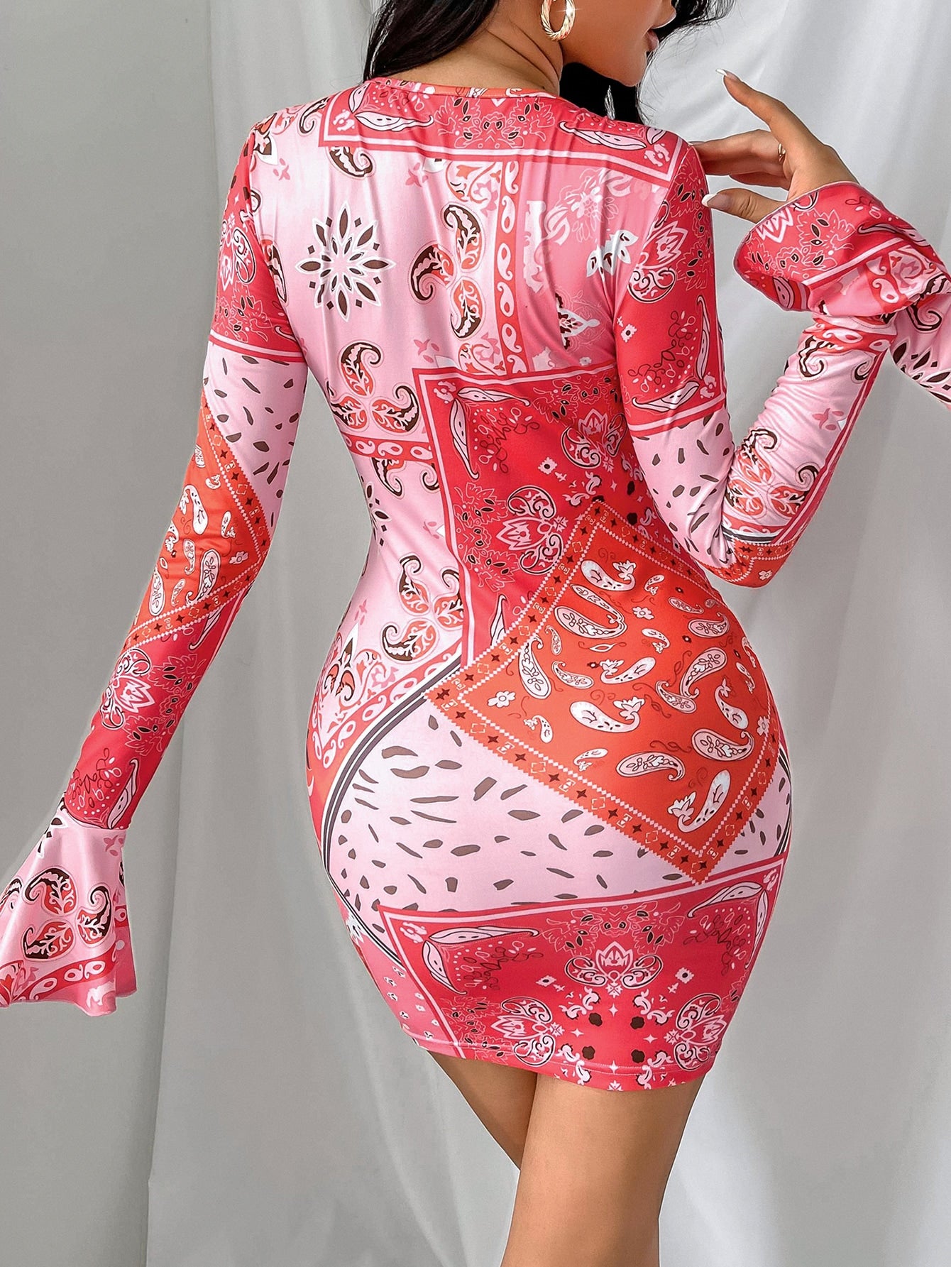 Paisley & Scarf Print Drawstring Ruched Front Flounce Sleeve Bodycon Dress