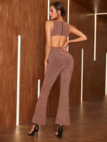 Double Crazy Twist Front Cut Out Glitter Flare Leg Jumpsuit