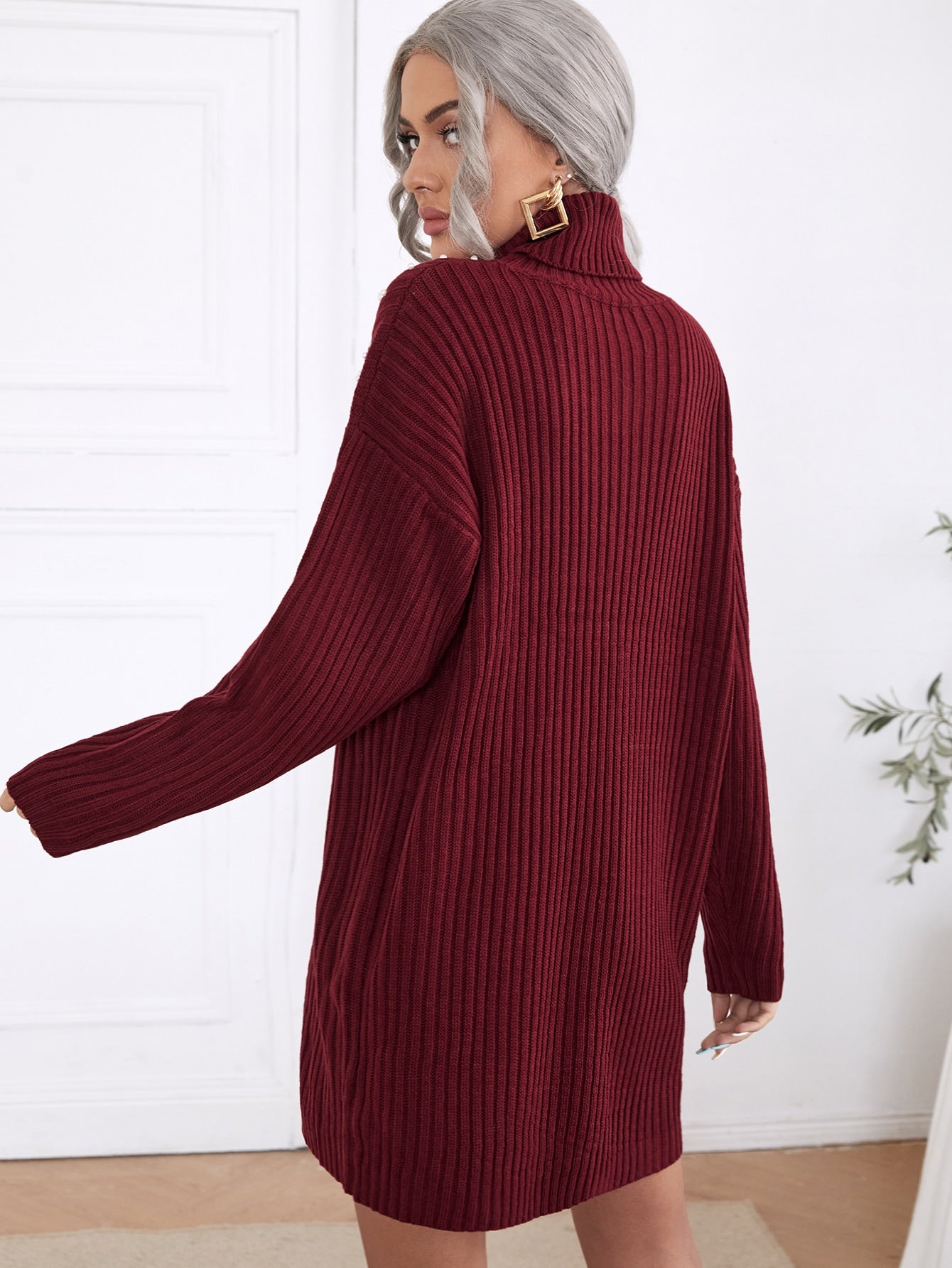 Turtleneck Pearl Beaded Ribbed Knit Drop Shoulder Sweater Dress Without Belt