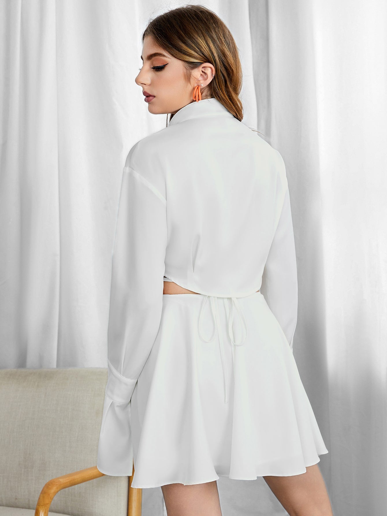Solid Flap Detail Crop Blouse & Crisscross Tie Back Skirt