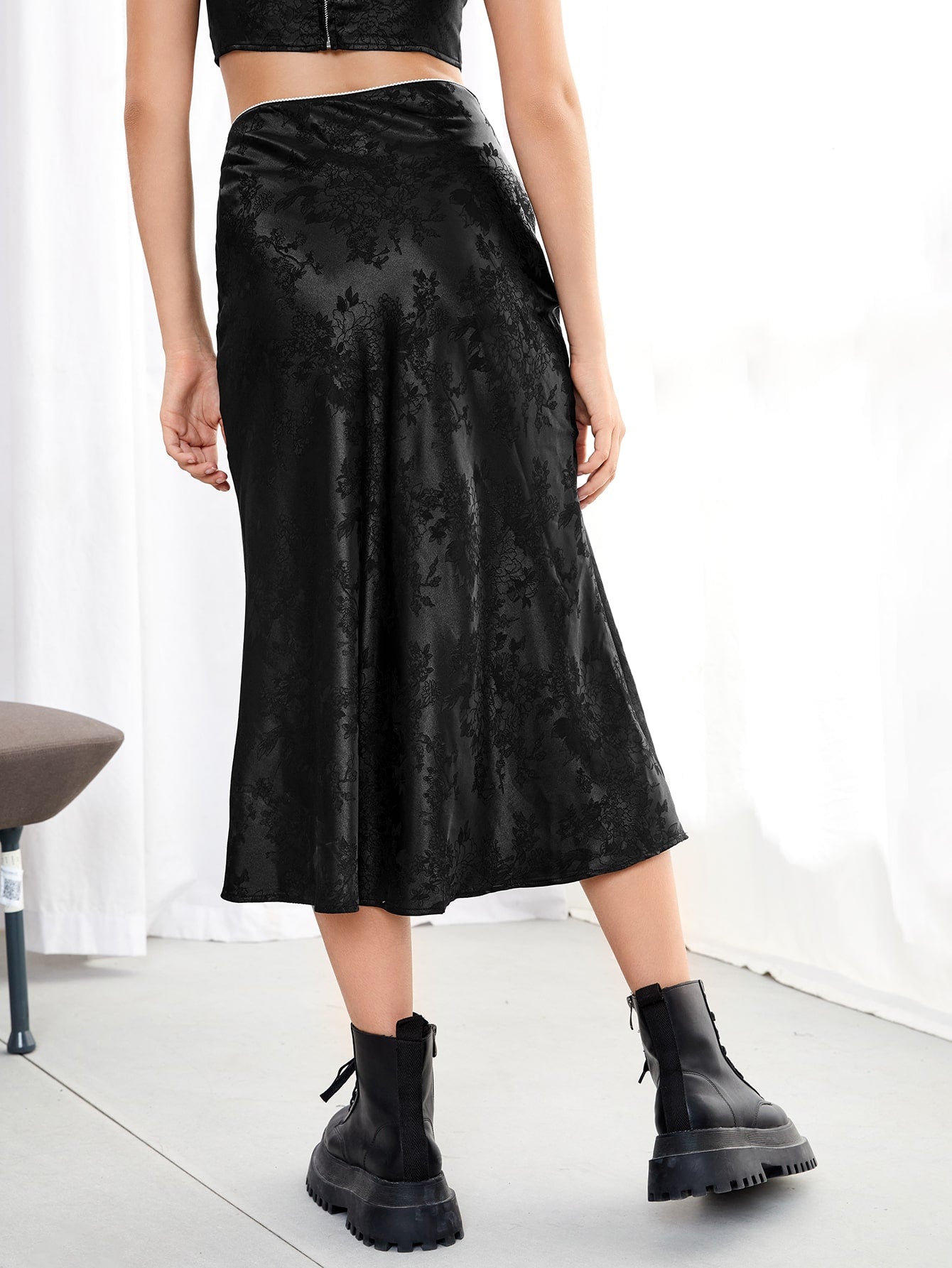 High Waist Jacquard Satin Skirt