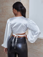 Lantern Sleeve Wrap Criss Cross Tie Back Crop Satin Blouse