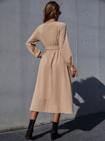 V Neck Belted Lantern Sleeve Dress