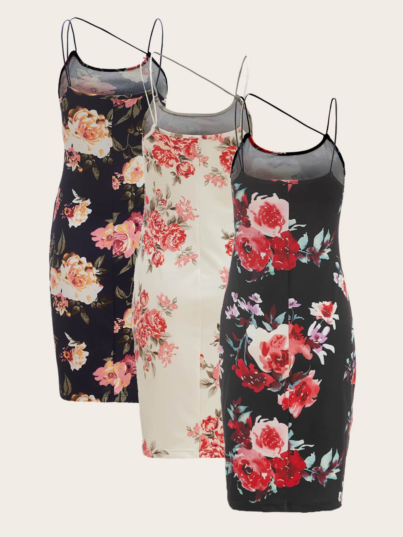 3pcs Floral Print Strap Detail Cami Dress