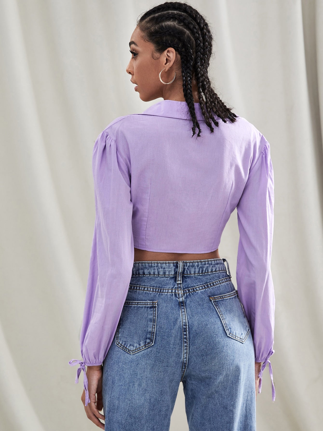 Twist Front Knotted Cuff Crop Blouse