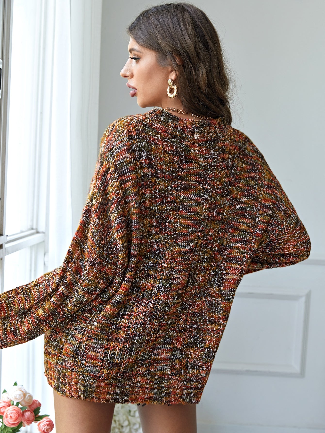 Marled Knit Cable Knit Drop Shoulder Sweater