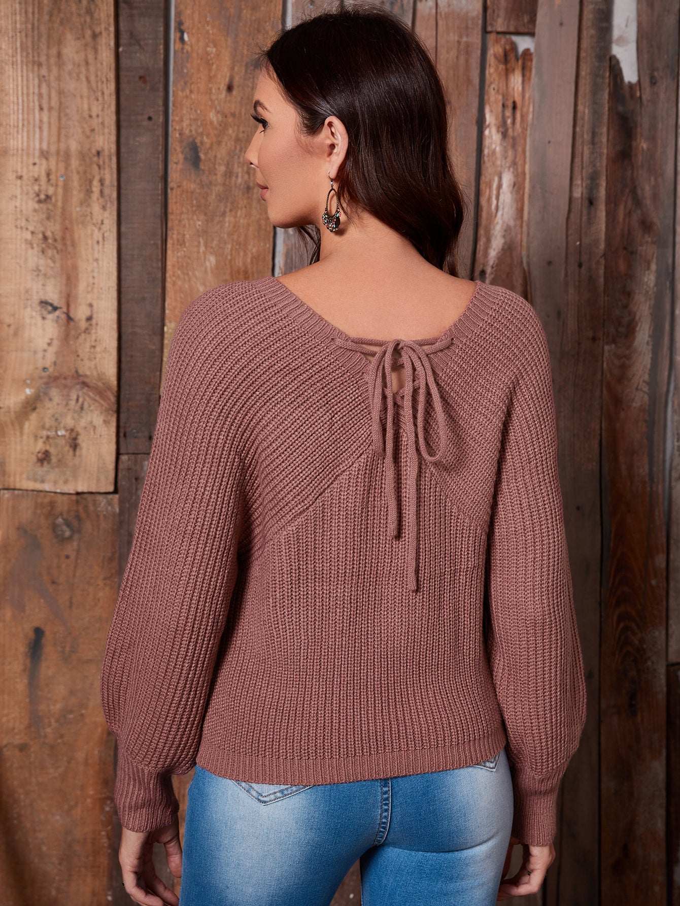 V-neck Batwing Sleeve Tie Back Sweater