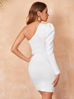 Solid One Shoulder Gigot Sleeve Bodycon Dress