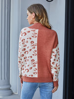 Leopard Pattern Mock Neck Drop Shoulder Sweater