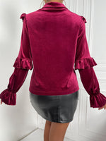 Ruffle Trim Flounce Sleeve Velvet Blouse