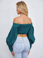 Off Shoulder Lantern Sleeve Shirred Back Hanky Hem Top