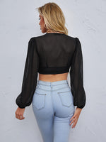 Lantern Sleeve Asymmetrical Hem Crop Chiffon Blouse