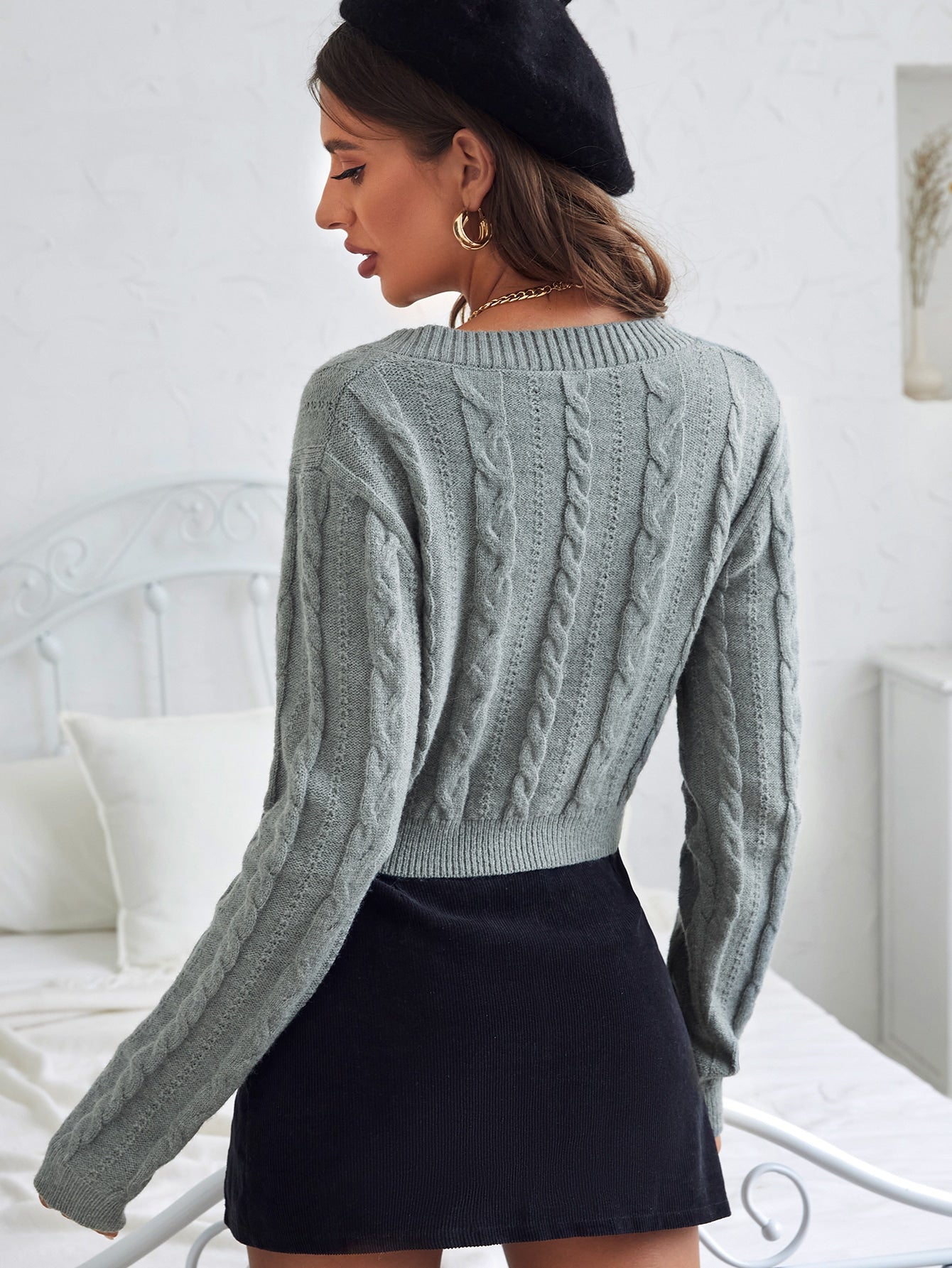 V Neck Cable Knit Drop Shoulder Crop Sweater