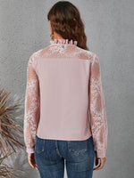 Ruffle Neck Knotted Front Contrast Lace Top