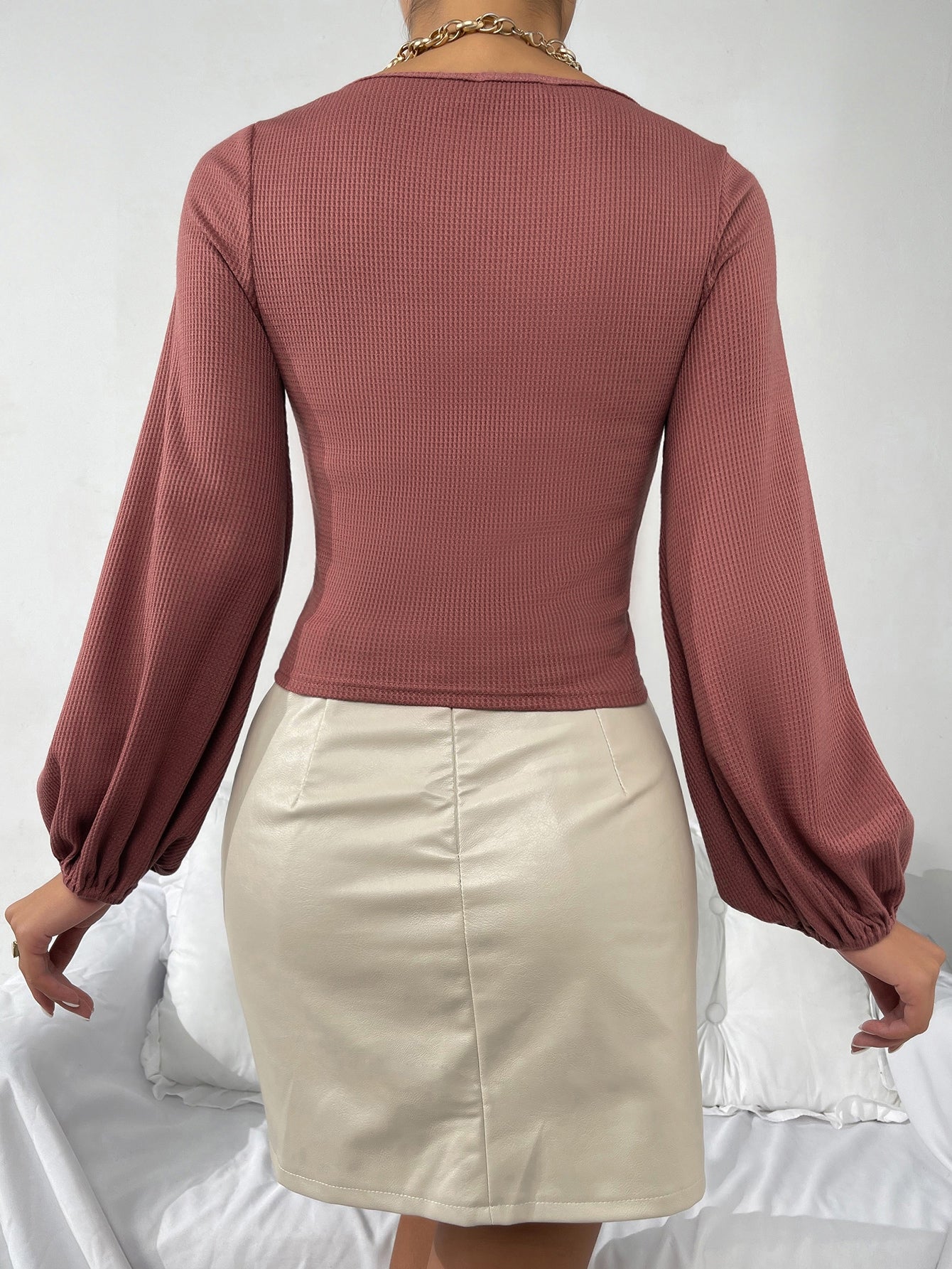 Drawstring Ruched Front Lantern Sleeve Top
