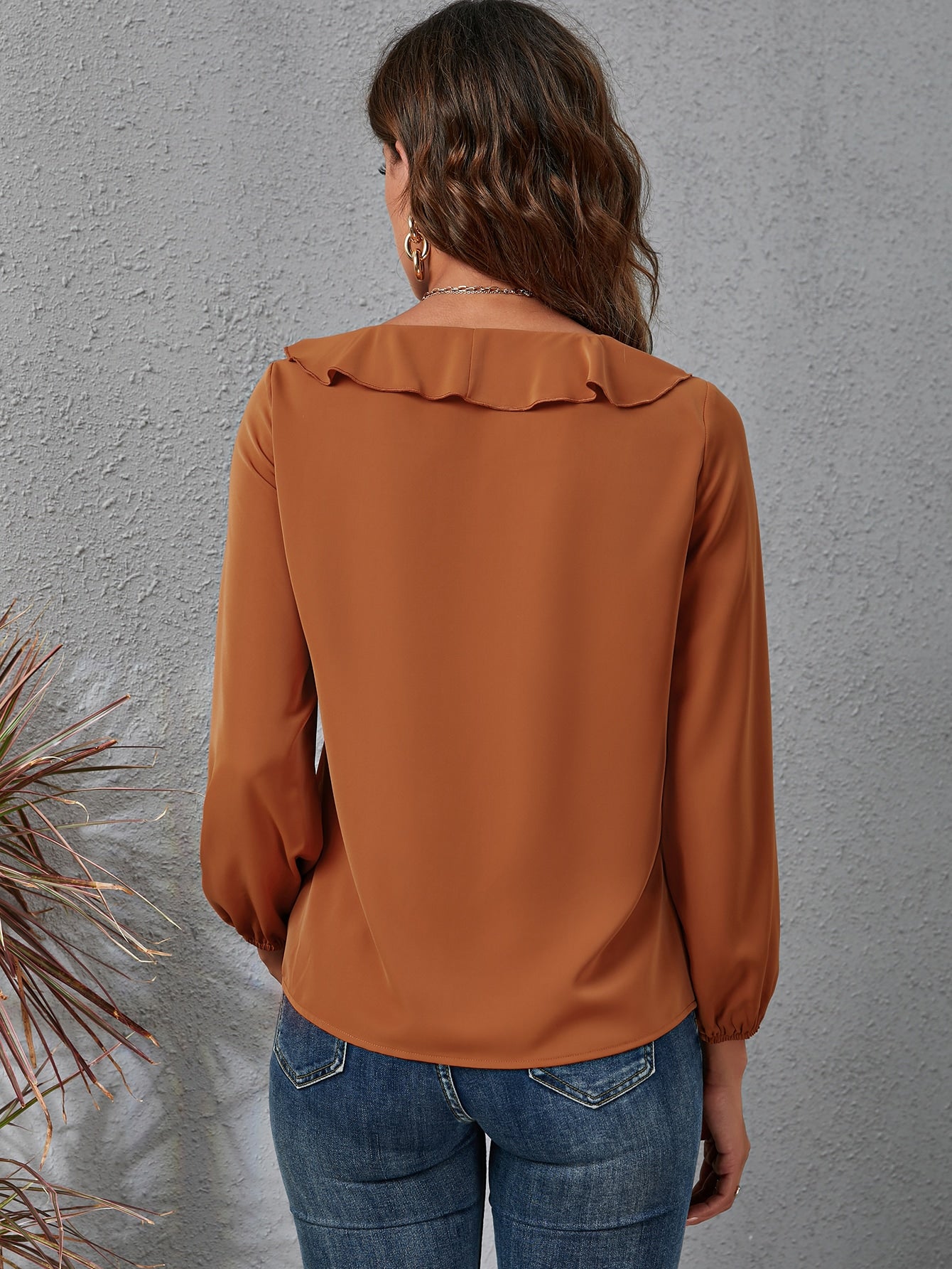 Ruffle Trim Tie Front Bishop Sleeve Blouse