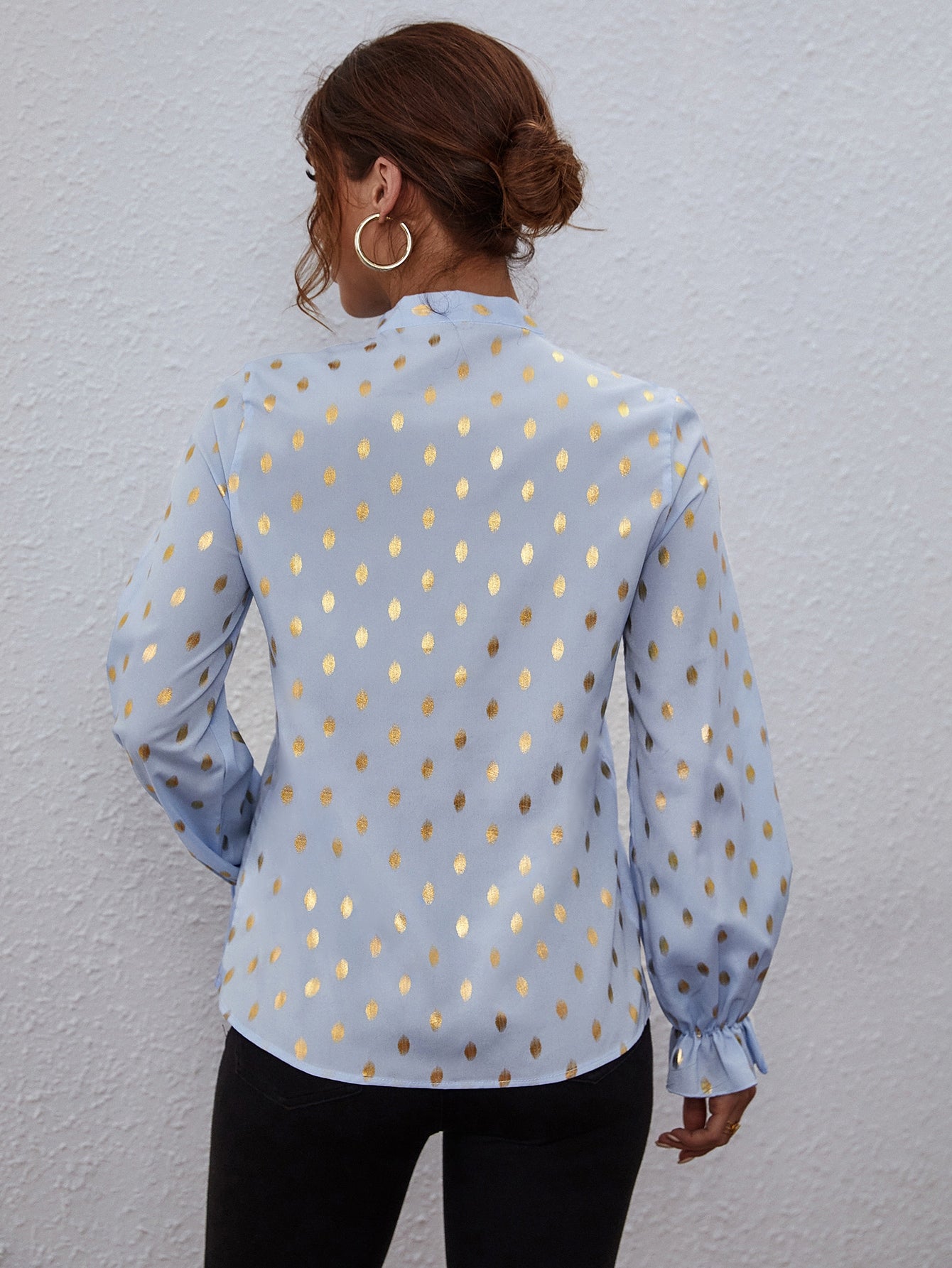 Tie Neck Gold Print Flounce Sleeve Blouse