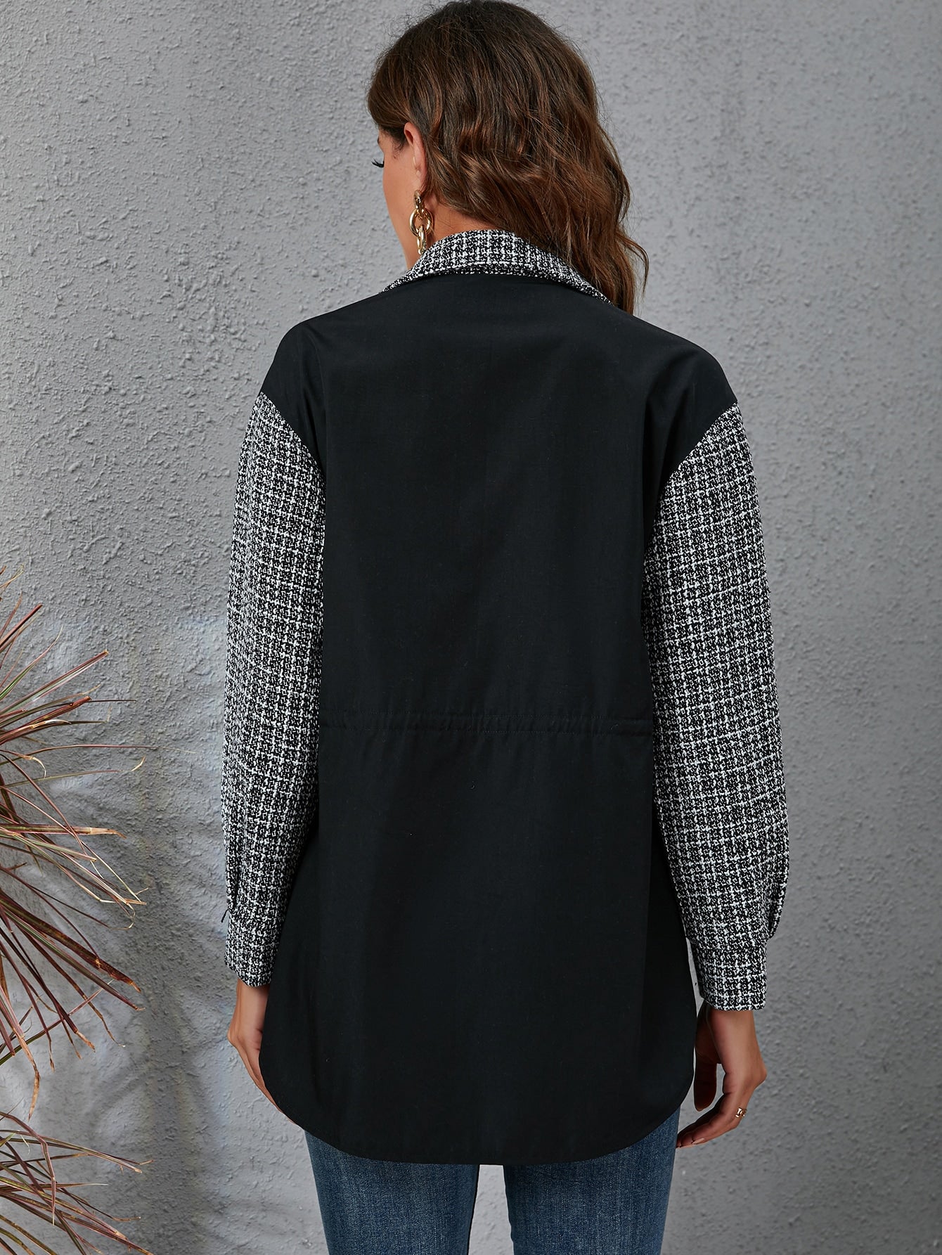 Plaid Pattern Flap Detail Drawstring Waist Blouse