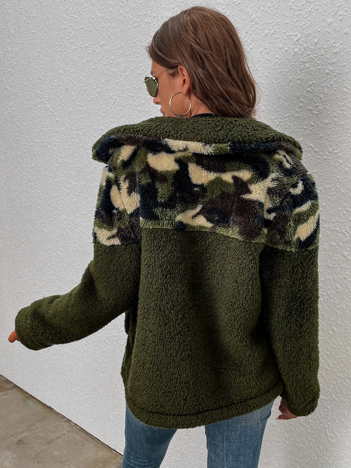 Camo Panel Pocket Patched Zip Up Coat