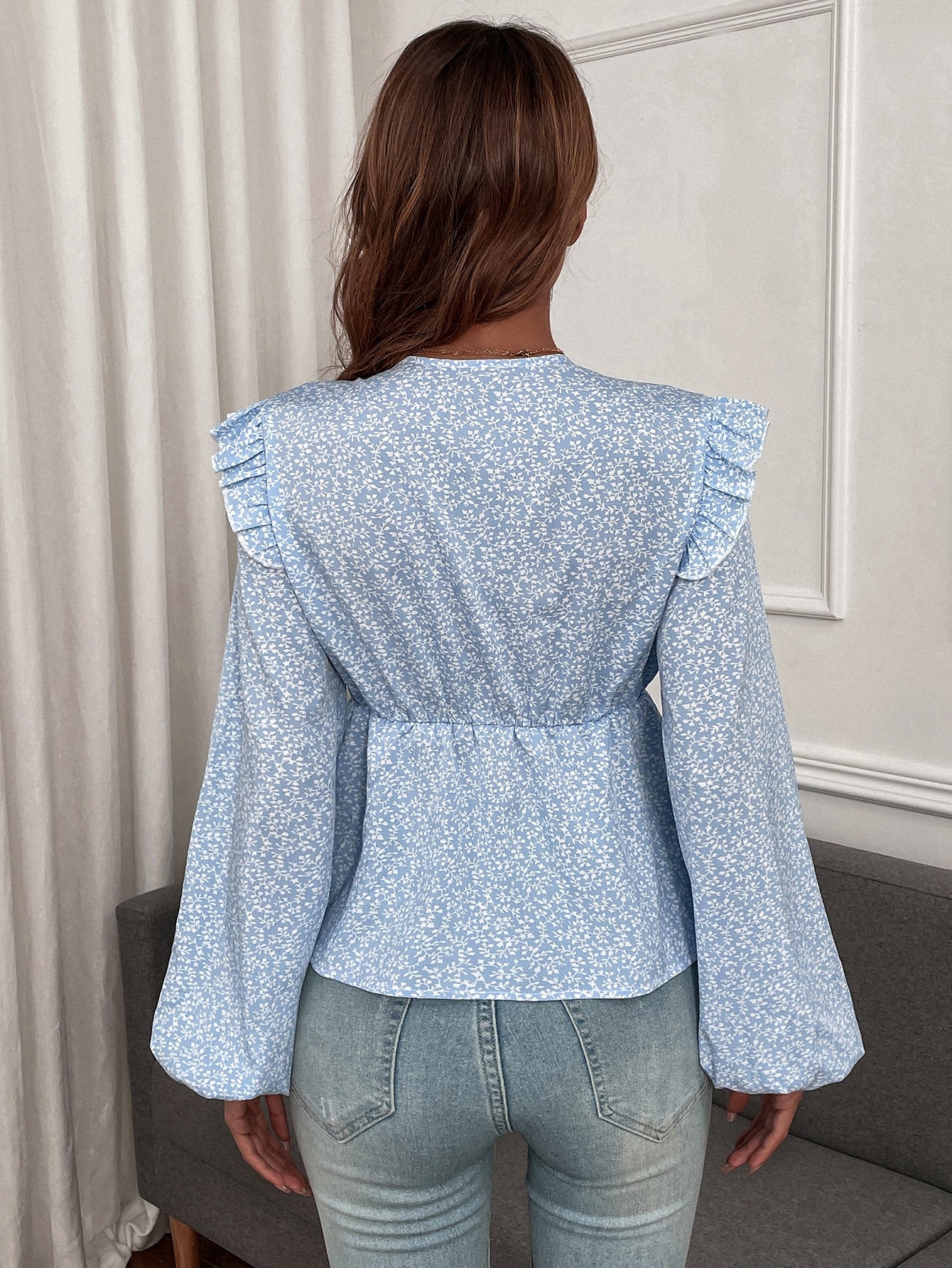 Plants Print Ruffle Trim Lantern Sleeve Tie Front Blouse