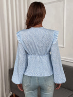 Plants Print Ruffle Trim Lantern Sleeve Tie Front Blouse