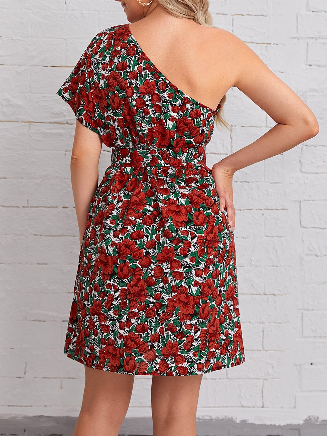 One Shoulder Floral Print Dolman Sleeve Belted Dress