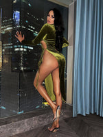 Mock Neck Cut Out Knotted Split Thigh Velvet Dress