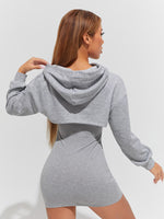 Drop Shoulder Super Crop Drawstring Hoodie & Bodycon Dress