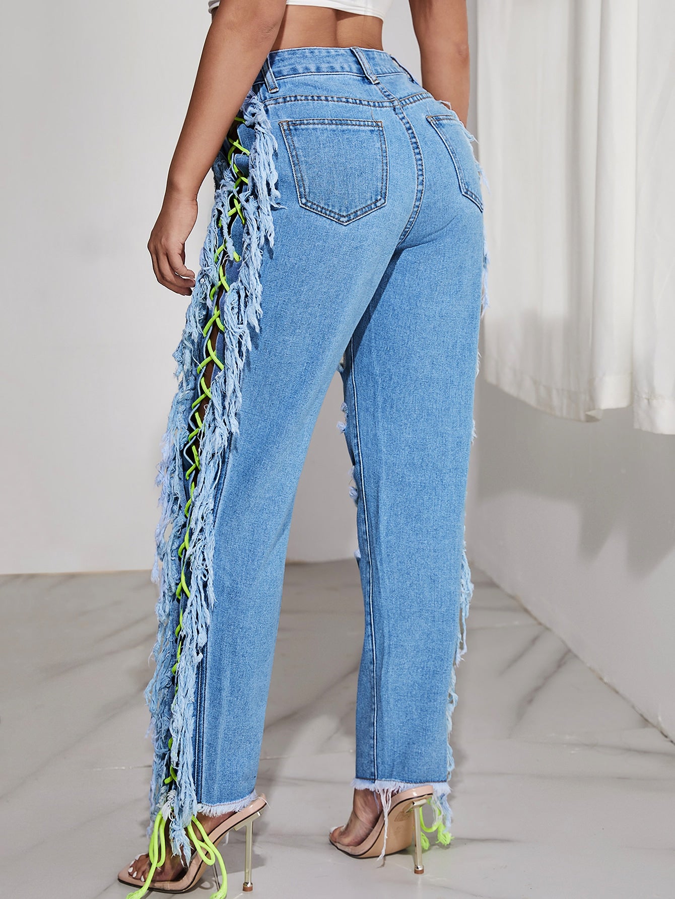 Lace Up Side Ripped Raw Cut Mom Fit Jeans