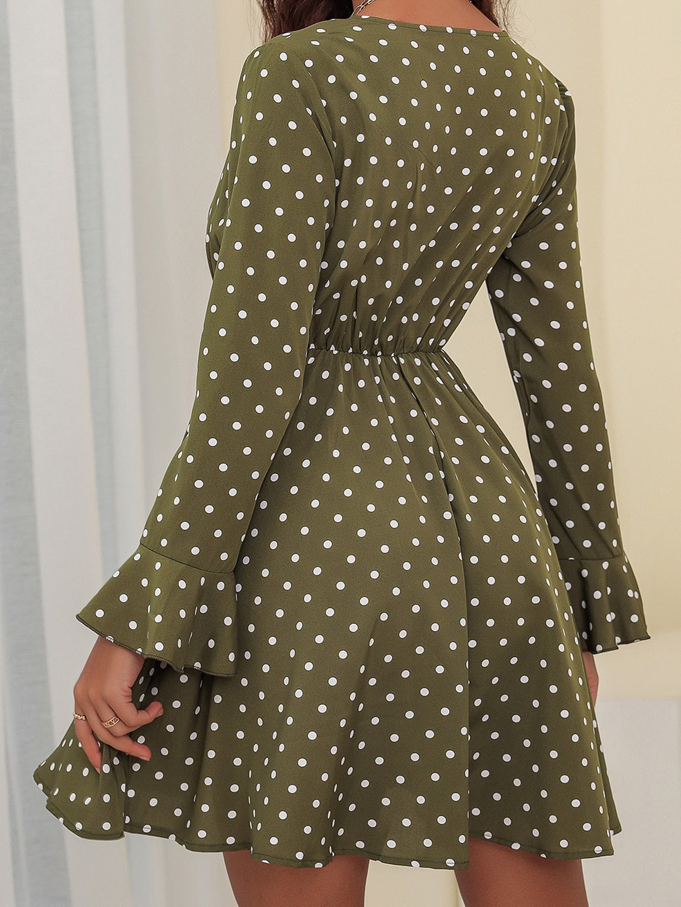 Surplice Neck Polka Dot Print Flounce Sleeve Dress