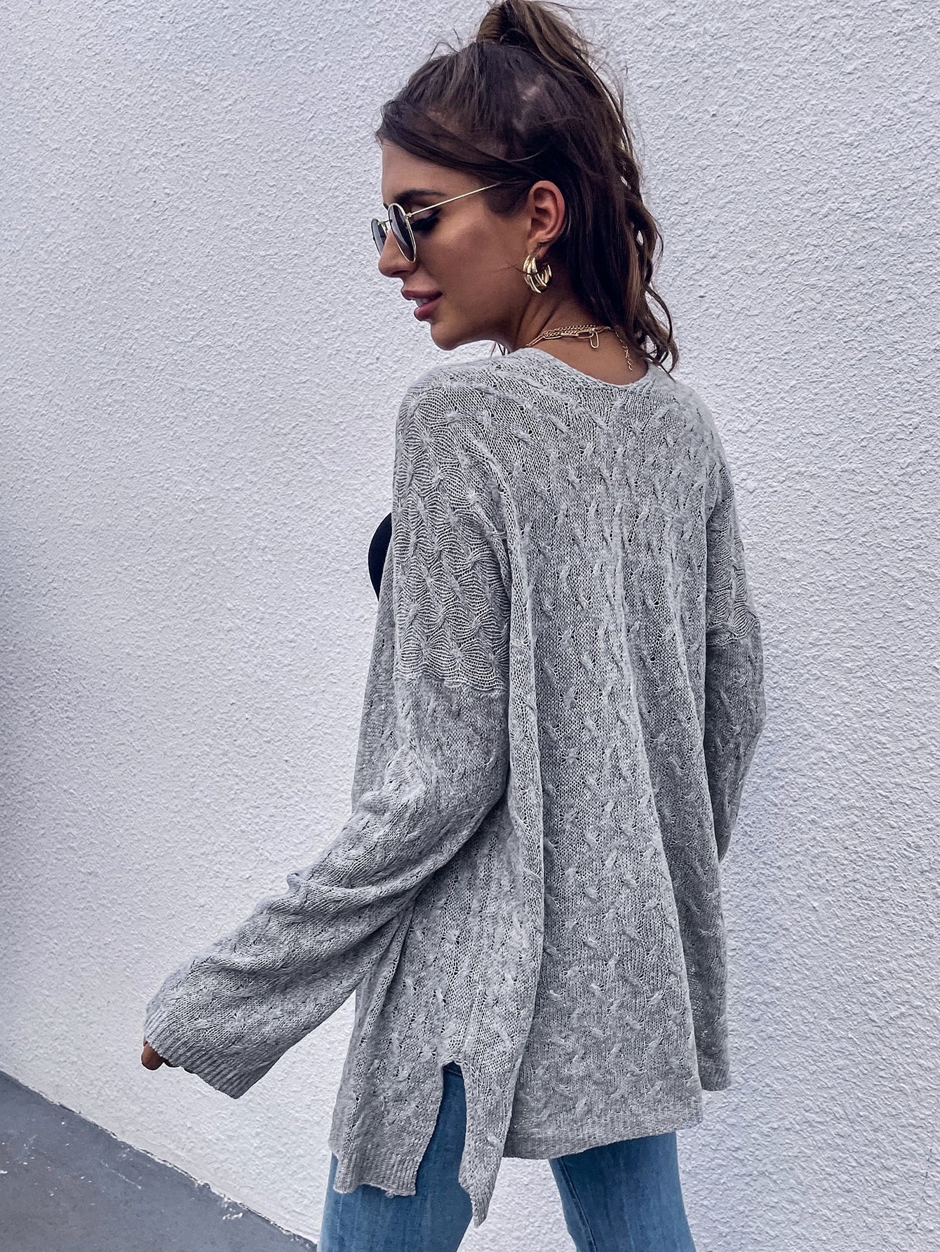 Open Front Cable Knit Split Hem Cardigan